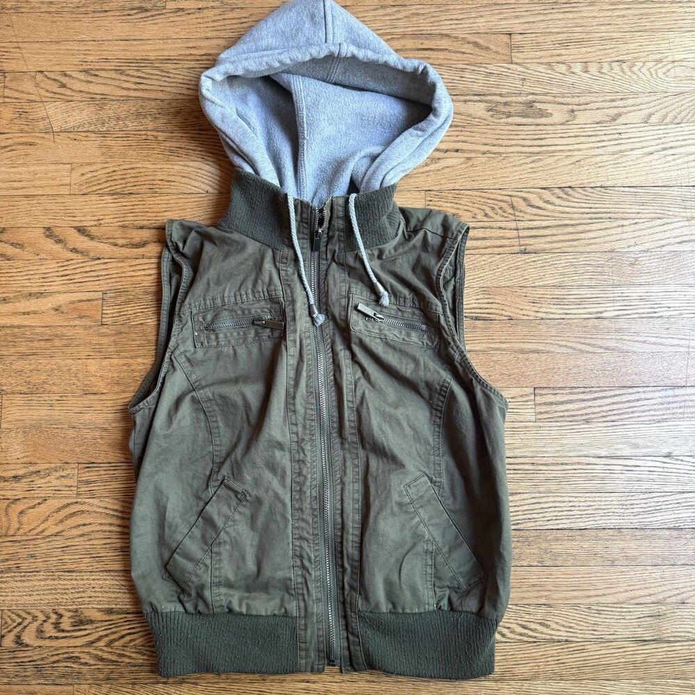 Wet Seal Twill Chino Hood Vest Womens M Green Sleeveless Zip Cargo Gorpcore Y2K